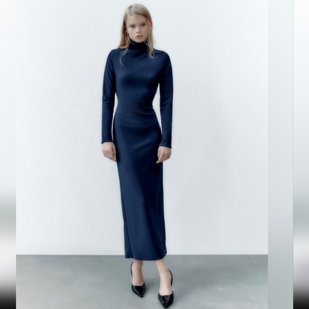 Zara Navy Blue Long Sleeve Maxi Dress